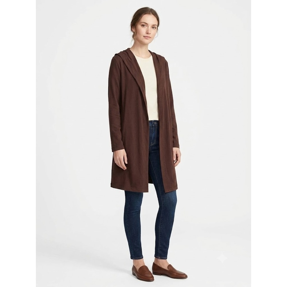 Eileen Fisher Hooded Cardigan Sweater Womens L Brown Open Front Jersey Knit